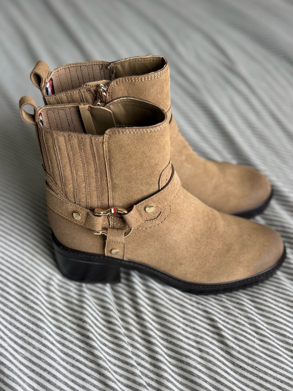 Tommy Hilfiger Suede Tan Ankle Boots with Decorative Harness